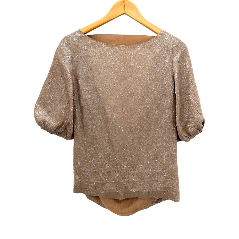 Ports 1961 Metallic Silk Jacquard Cowl Back Puff Sleeve Blouse Gold Silver 4